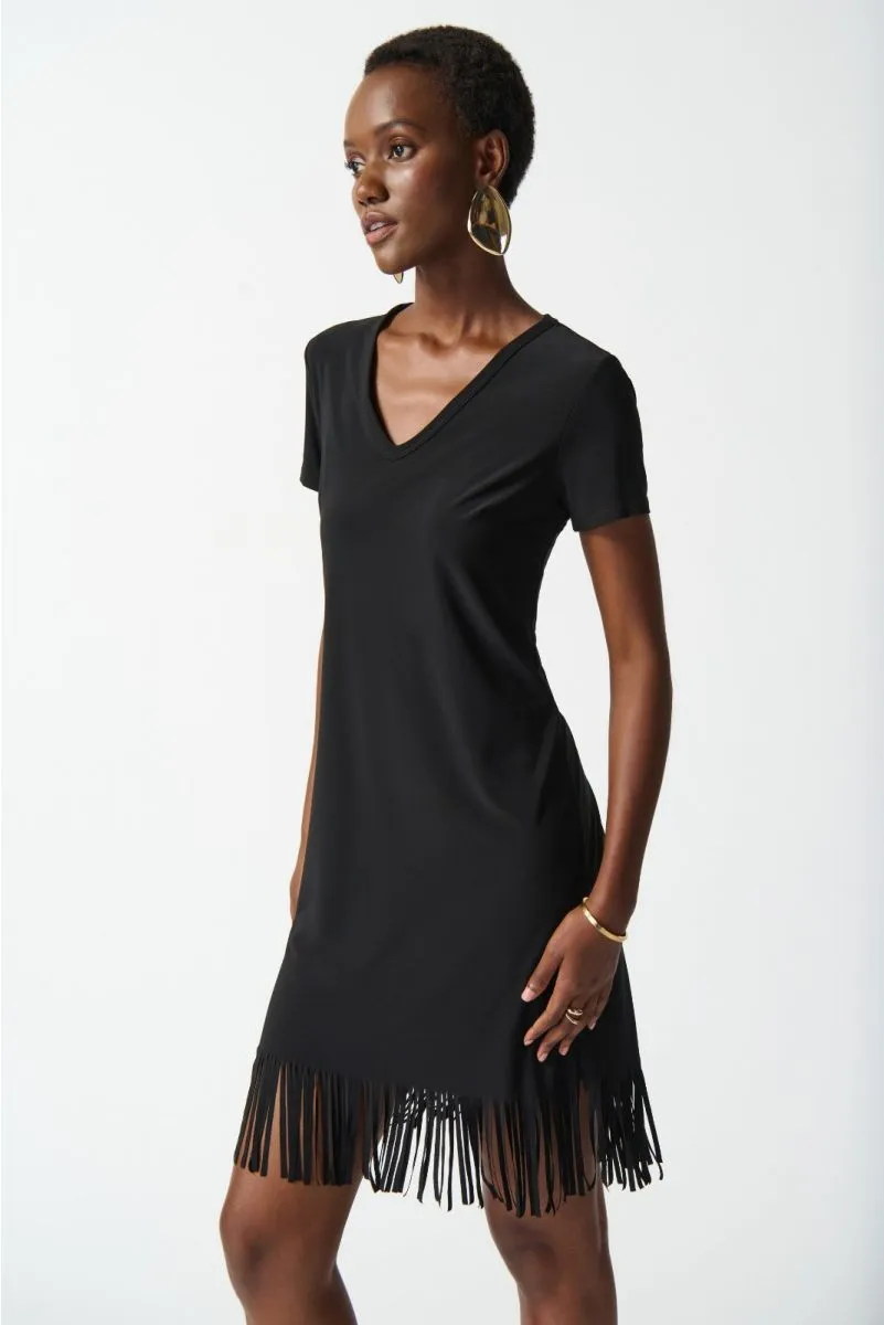 Joseph Ribkoff Black Fringe Hem V-Neck Short Sleeve T-Shirt Dress 242113