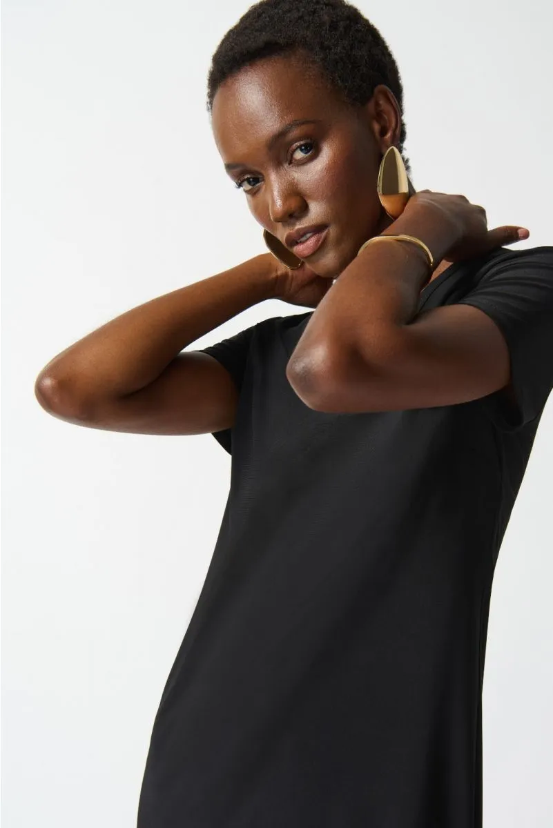 Joseph Ribkoff Black Fringe Hem V-Neck Short Sleeve T-Shirt Dress 242113